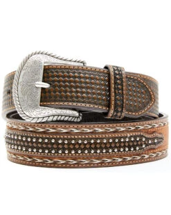 Cody James Men's Brown Hair-On Basketweave Studded Leather Belt